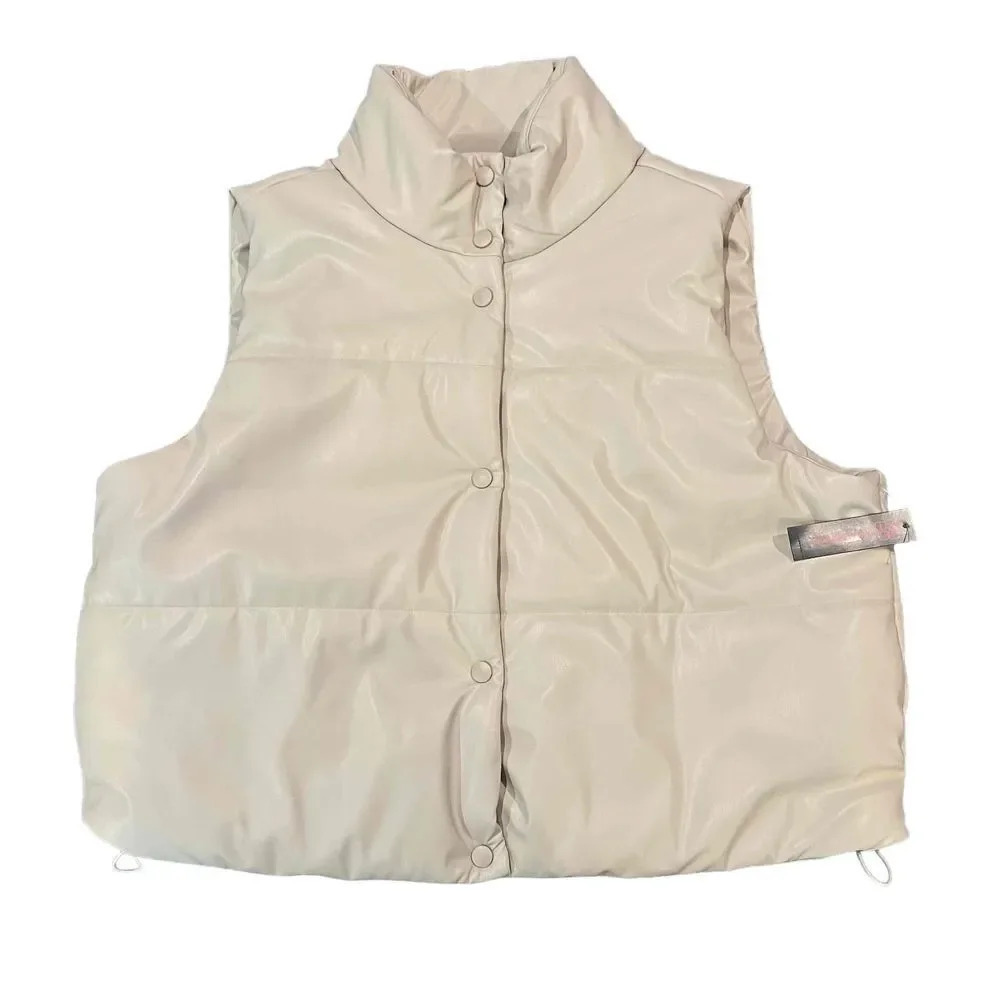 NWT No Boundaries Women's Ivory Faux Leather Puffer Button Front Vest Size XXL
